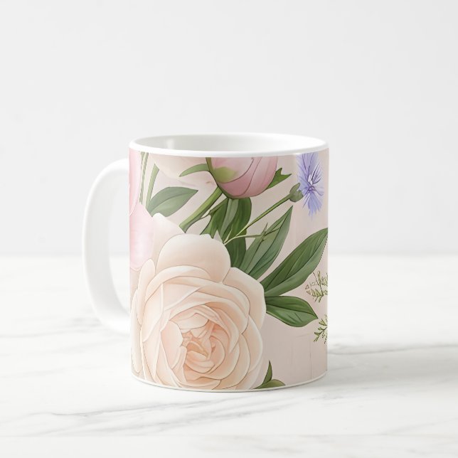 Romantisk Blush Rosenträdgård Blommönster Kaffemugg (Framsida vänster)