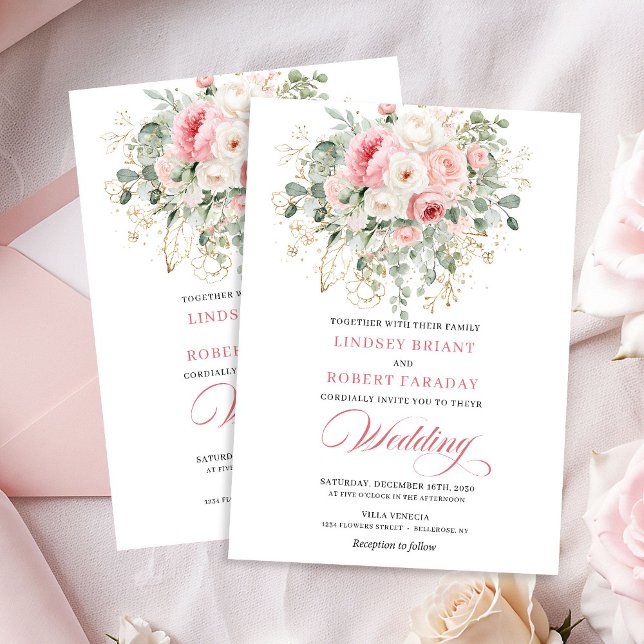 Romantisk Blush Rosor Grönska Guld Bröllopsinbjuda Inbjudningar (Romantic Blush Roses Greenery Gold Wedding Invite)