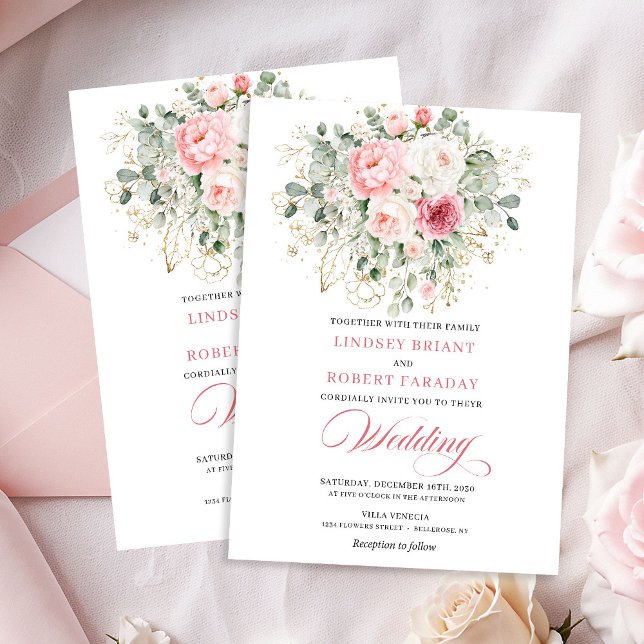 Romantisk Blush Rosor Grönska Guld Bröllopsinbjuda Inbjudningar (Romantic Blush Roses Greenery Gold Wedding Invite)