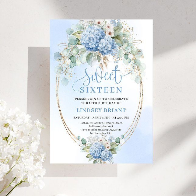 Romantisk bohemisk blå blomster Sweet 16 inbjudan (Romantic Bohemian Blue Floral Sweet 16 Invitation)