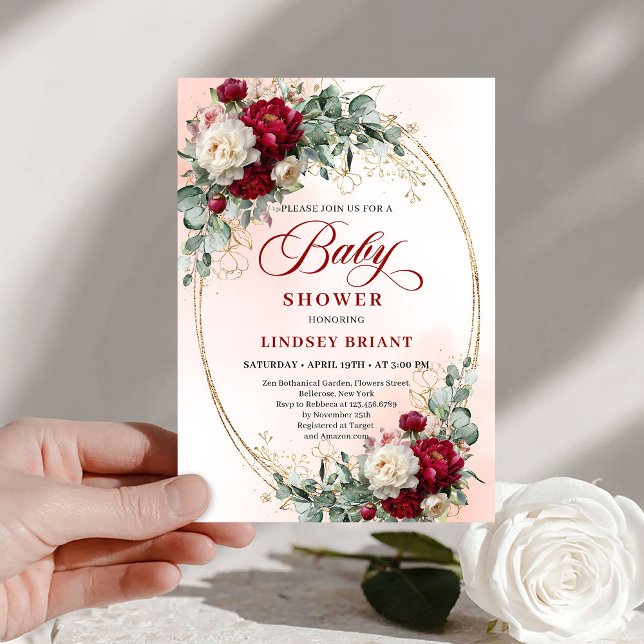 Romantisk Bohemisk Djup Röda Blommiga Bebis Shower Inbjudningar (Romantic Bohemian Deep Red Floral Baby Shower)