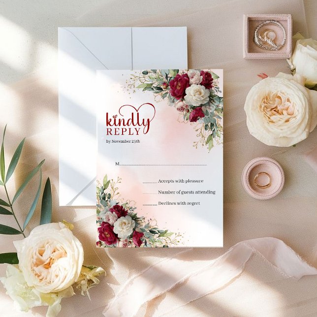 Romantisk Bohemisk Marsala Guld Blommig Bröllop RS OSA Kort (Romantic Bohemian Marsala Gold Floral Wedding RSVP)