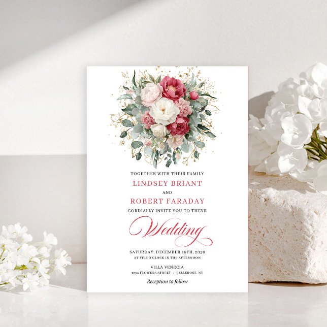 Romantisk Bohemisk Röd Vit Grönska Guld Bröllop Inbjudningar (Romantic Bohemian Red White Greenery Wedding Invitation)