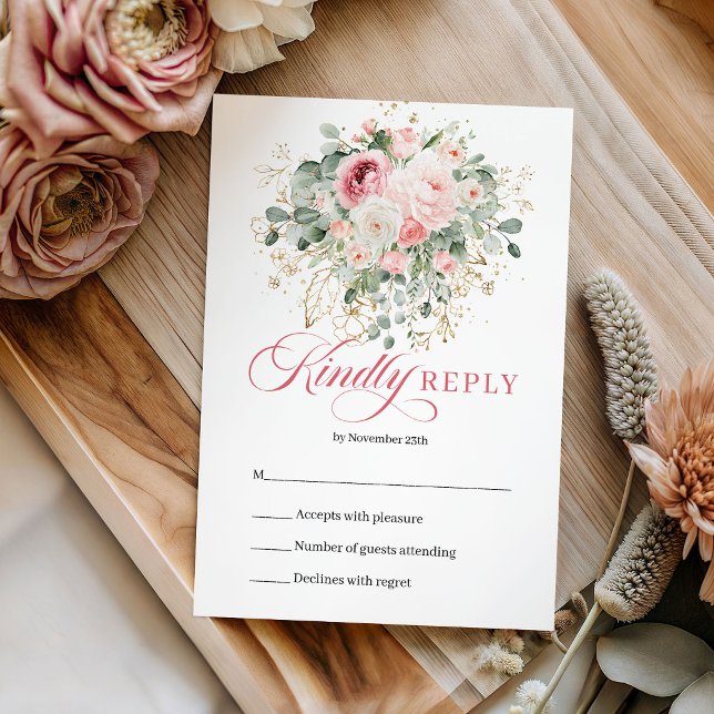 Romantisk Bohemisk Rosafärgad Blommig Guld Bröllop OSA Kort (Romantic Bohemian Blush Floral Gold Wedding RSVP Card)
