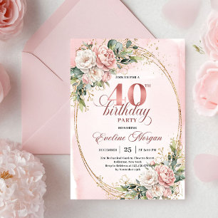 Romantisk Bohemisk Rosé Blommig Guld 40-årsdag Inbjudningar