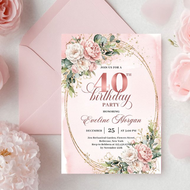 Romantisk Bohemisk Rosé Blommig Guld 40-årsdag Inbjudningar (Romantic Bohemian Blush Floral 40th Birthday Invitation)