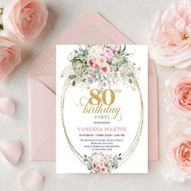 Romantisk Bohemisk Rosé Blommig Guld 80-årsdag Inbjudningar (Romantic Bohemian Blush Floral Gold 80th Birthday)