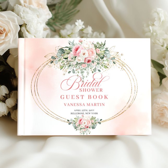 Romantisk Bohemisk Rosenskär Blommig Guld Bröllops Gästböcker (Romantic Bohemian Blush Floral Gold Bridal Shower Book)
