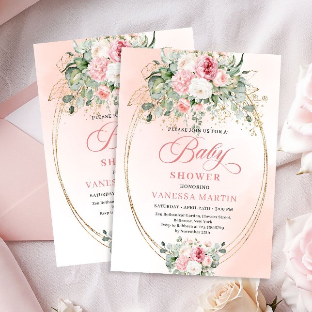Romantisk Bohemisk Rosenskära Blommig Flick Bebis  Inbjudningar (Romantic Bohemian Blush Floral Girl Baby Shower Invite)