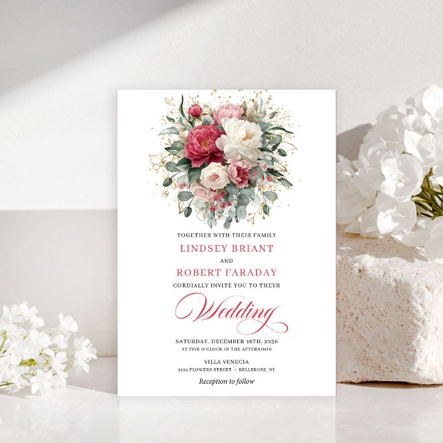 Romantisk Bohemisk Rubinvärd Vit Grönska Inbjudan (Romantic Bohemian Ruby Red White Greenery Invitation)