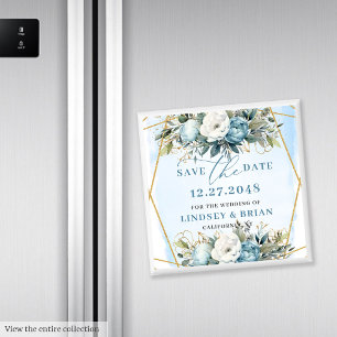 Romantisk Boho Blå Och Vita Peonier Spara Datum Magnet