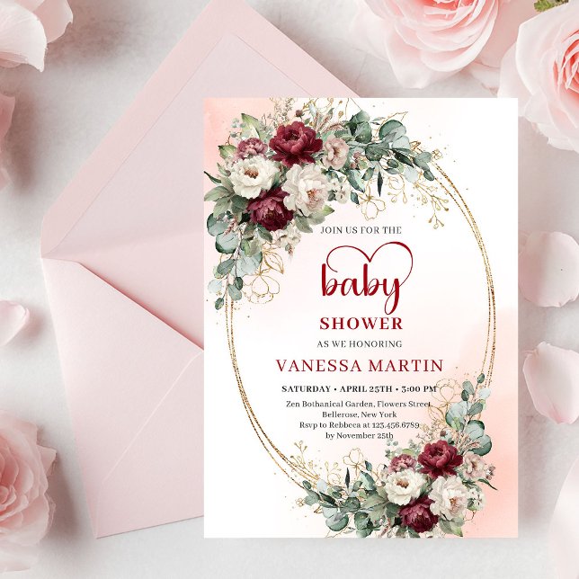 Romantisk Boho Burgunder Eukalyptus Guld Bebis Sho Inbjudningar (Romantic Burgundy Eucalyptus Gold Baby Shower Invite)