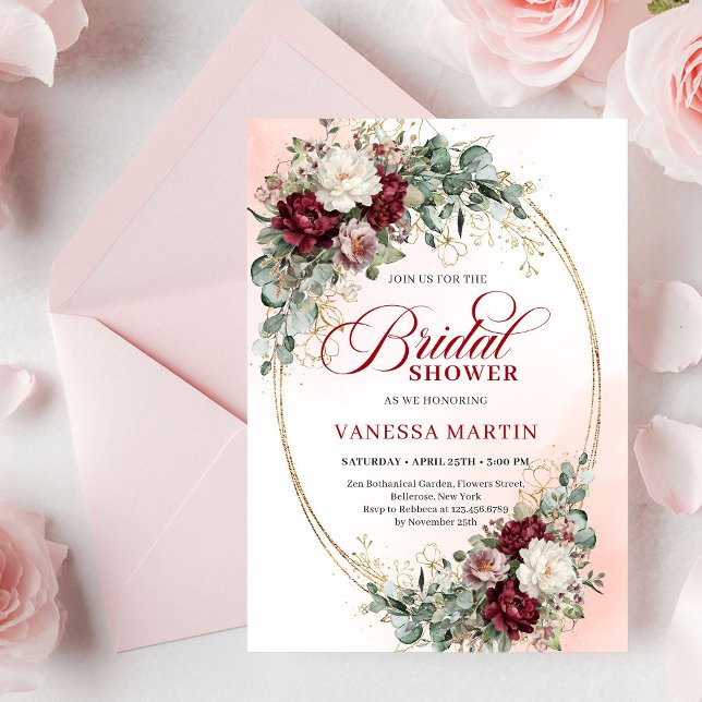 Romantisk Boho Burgunder Grönska Guld Bröllopsfest Inbjudningar (Romantic Burgundy Greenery Gold Bridal Shower Invite)