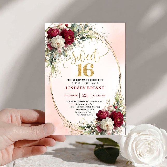 Romantisk Boho Burgunder Guld Blommig Sweet Sixtee Inbjudningar (Romantic Boho Burgundy Gold Floral Sweet Sixteen Invite)