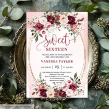 Romantisk Boho Burgunder Rosa Blommig Sweet Sixtee