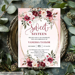 Romantisk Boho Burgunder Rosa Blommig Sweet Sixtee Inbjudningar