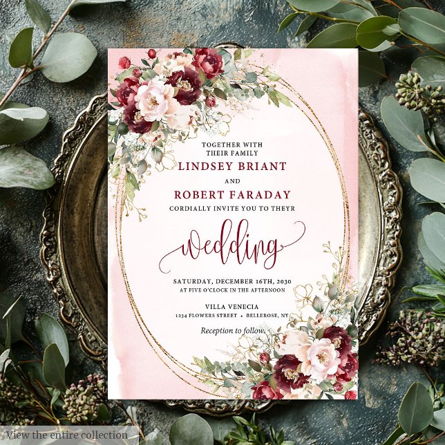 Romantisk Boho Burgunder Rosa Guld Blommig Inbjuda Inbjudningar (Romantic Boho Burgundy Blush Gold Floral Invite)