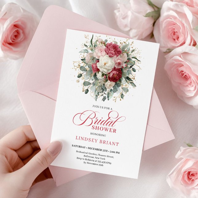 Romantisk Boho Crimson Blush Guld Blommig Bröllop  Inbjudningar (Romantic Boho Crimson Blush Gold Floral Bridal Shower

)