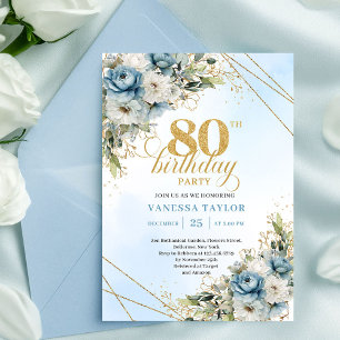 Romantisk Boho Dammtig Blå Blommig Guld 80-årsdag Inbjudningar