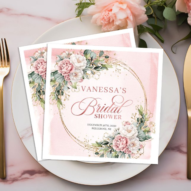 Romantisk Boho Dammtrosa Blommig Bröllopsdusch  Pappersservett (Romantic Boho Dusty Pink Floral Bridal Shower Napkins)