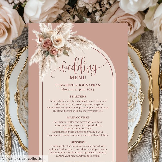 Romantisk Boho Dammtrosa Pampas Blommig Bröllops- Meny (Romantic Boho Dusty Pink Pampas Floral Wedding Menu)