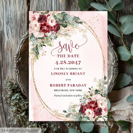 Romantisk Boho Djupröd Rosenskiftande Guld Blommig Inbjudningar