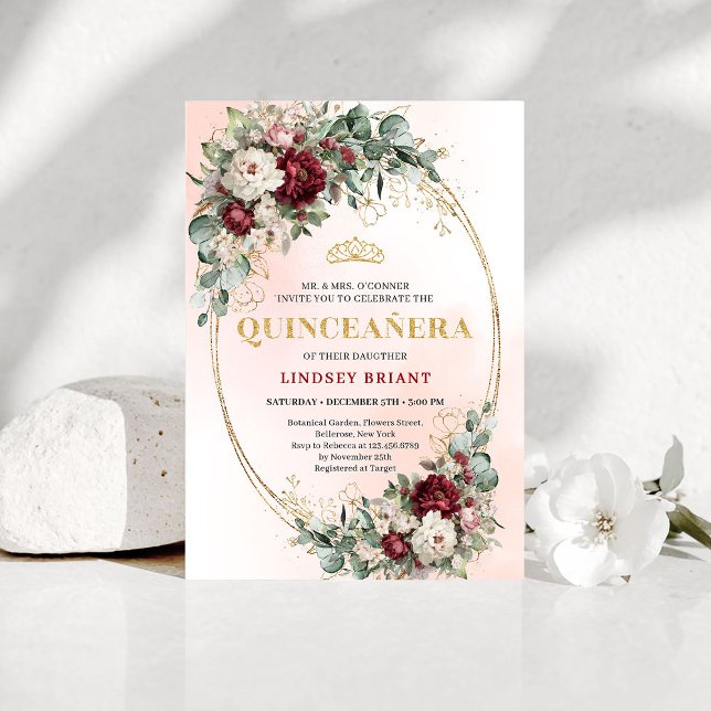 Romantisk Boho djupröda blommor Guld Quince Inbjud Inbjudningar (Romantic Boho Deep Red Flowers Gold Quince Invitation)