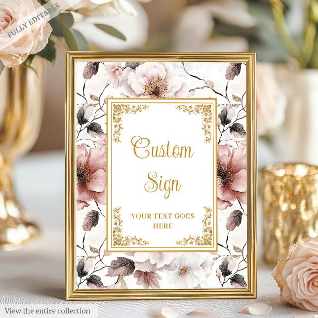 Romantisk boho dusty rosa blommor guld 8x10-tecken poster (Romantic dusty pink flowers tabletop sign)