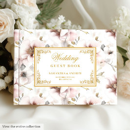Romantisk boho dusty rosa blommor guld bröllop gästböcker