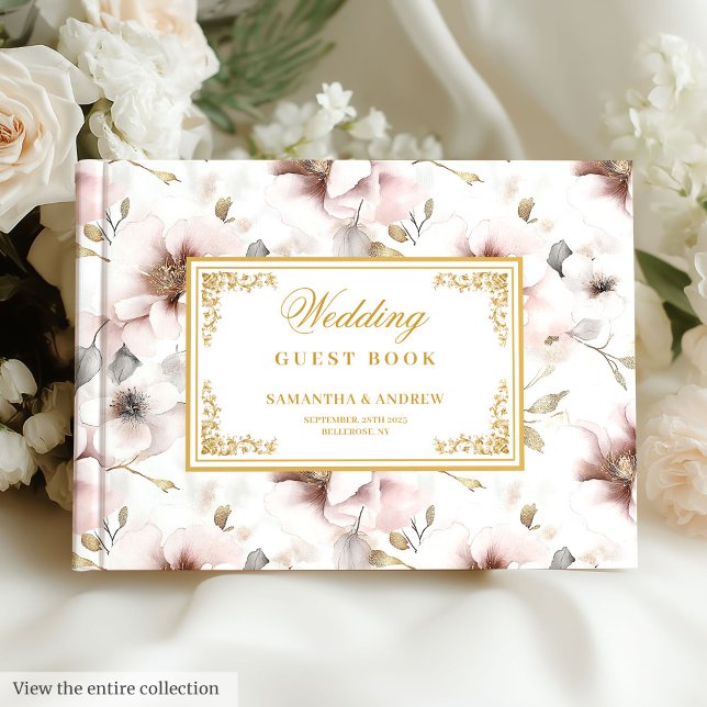 Romantisk boho dusty rosa blommor guld bröllop gästböcker (Romantic boho dusty pink flowers gold wedding Guest Book)