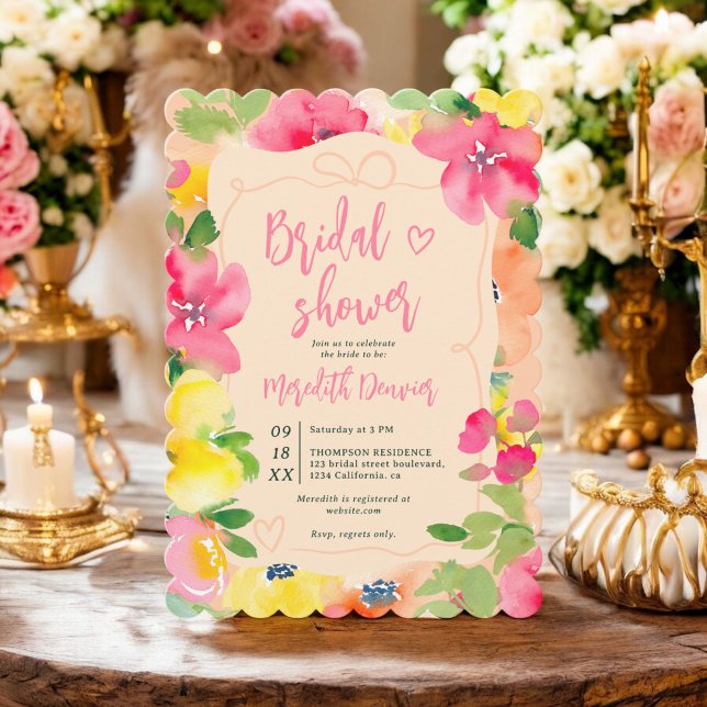 Romantisk boho fet rosa blommigt-möhippa inbjudningar (Romantic boho bold pink floral bow bridal shower invitation)