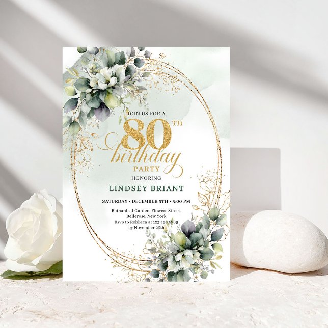 Romantisk Boho Grön och Guld 80-årsdagskort Inbjudningar (Romantic Boho Green and Gold 80th Birthday Card)