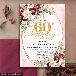 Romantisk Boho Marsala Guld Blommig 60-årsdag Inbjudningar