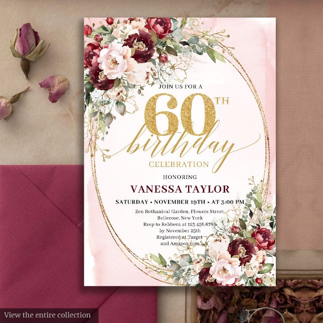 Romantisk Boho Marsala Guld Blommig 60-årsdag Inbjudningar (Romantic Boho Marsala Gold Floral 60th Birthday)