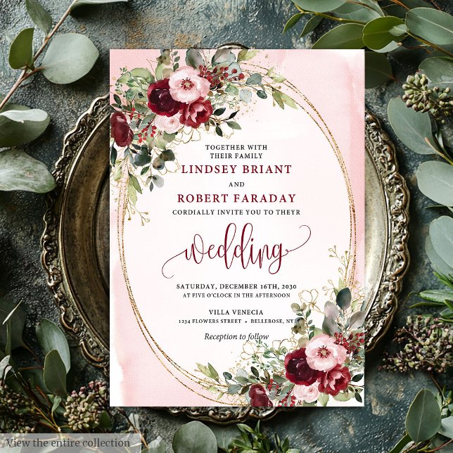 Romantisk Boho Marsala Guld Blommig Bröllopsinbjud Inbjudningar (Romantic Boho Marsala Gold Floral Wedding Invite)