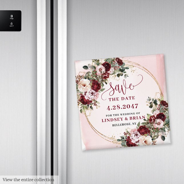 Romantisk Boho Marsala Roséguld Blommig Rädda Datu Magnet (Romantic Boho Marsala Blush Gold Floral Save the Date Magnet

)