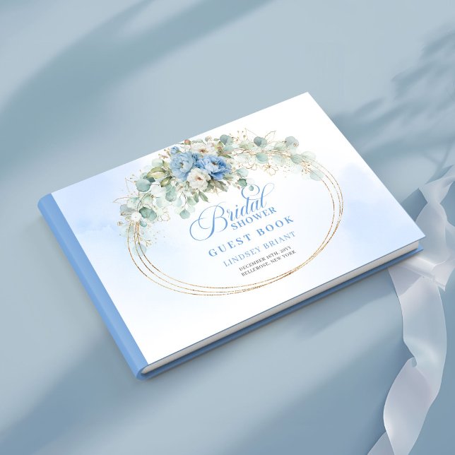 Romantisk Boho Pastell Blå Blommor Grönska Guld Gästböcker (Romantic Pastel Blue Flowers Greenery Gold Guest Book)