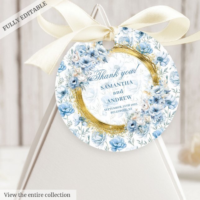 Romantisk Boho Pastell Blå Guld Bröllopspresenteti Gåvor Etiketter (Romantic Boho Pastel Blue Gold Wedding Favor Tag)