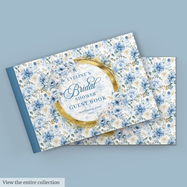 Romantisk Boho Pastell Blå Guld Vilda Blommor Bröl Gästböcker (Romantic Boho Pastel Blue Gold Wild Flowers Bridal)