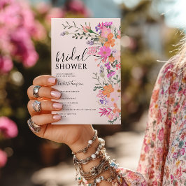 Romantisk boho rosa wildblomsträdgård möhippa inbjudningar