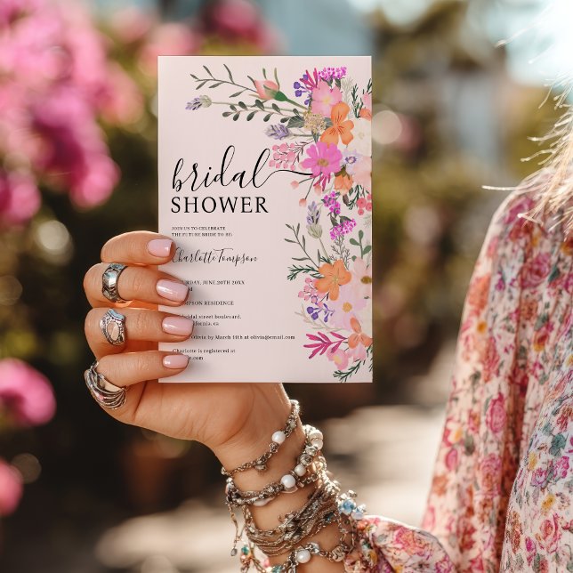 Romantisk boho rosa wildblomsträdgård möhippa inbjudningar (Romantic boho pink wildflower garden bridal shower invitation)