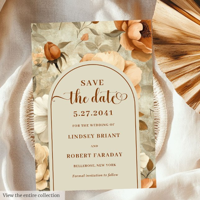 Romantisk Boho Rost Elfenben Blommig Spara Datum Inbjudningar (Romantic Boho Rust Ivory Floral Save The Date)