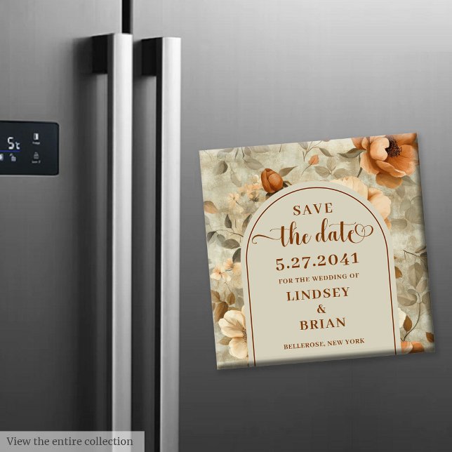 Romantisk Boho Rost Elfenben Oliv Blommig Rädda Da Magnet (Romantic Boho Rust Ivory Olive Floral Save the Date)