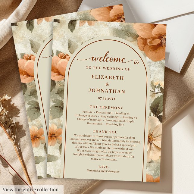 Romantisk Boho Rost Elfenben Olivsalvia Blommig Br Program (Romantic Boho Rust Ivory Olive Floral Wedding Program)