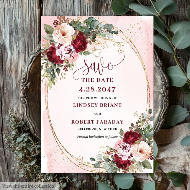 Romantisk Boho Vinröda Rosa Guld Blommor Spara Dat Inbjudningar (Romantic Boho Maroon Blush Gold Flowers Save Date)