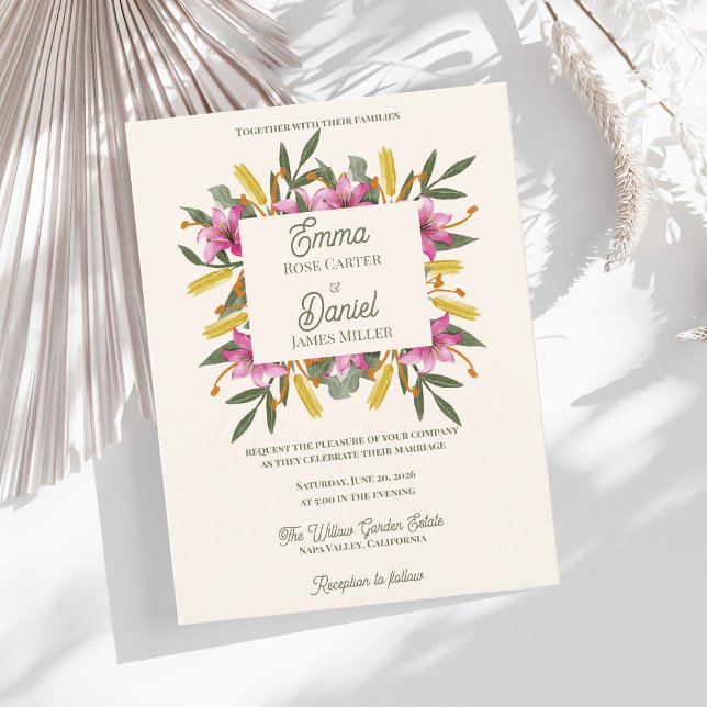 Romantisk botanisk bröllopsdekor med rosablommiga  inbjudan vykort (Blush Pink Lily Botanical Wedding Invitation Postcard | Romantic Watercolor Floral Garden Invite)