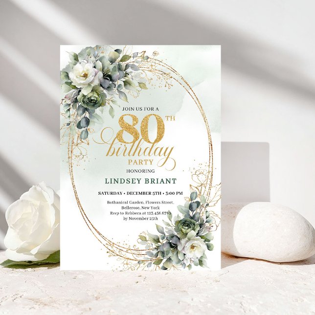 Romantisk botanisk guld 80-års inbjudan (Romantic Botanical Gold 80th Birthday Invitation)