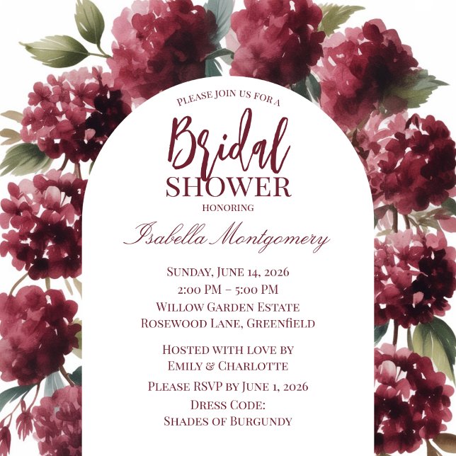 Romantisk Bourgogne Hydrangea Akvarellbåge Inbjudningar (Romantic Burgundy Hydrangea Watercolor Arch Invitations
)
