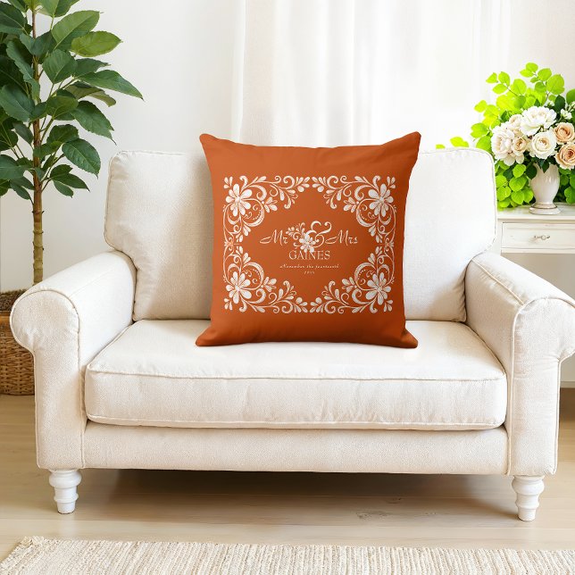 Romantisk Bränd Orange Shabby Chic Herr Fru Bröllo Kudde (Skapare uppladdad)
