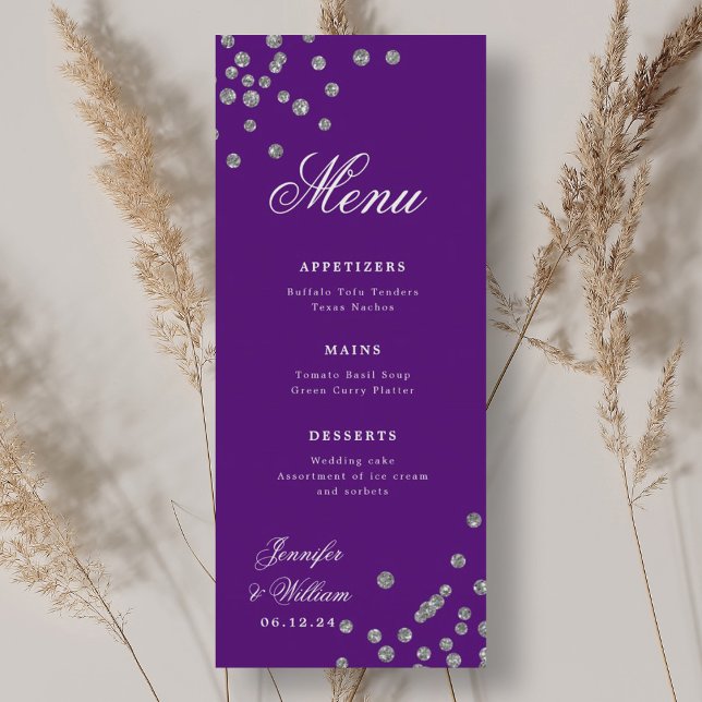 Romantisk Bröllop Confetti Silver Lila Meny (Romantic Script Wedding Confetti Silver Purple Menu)